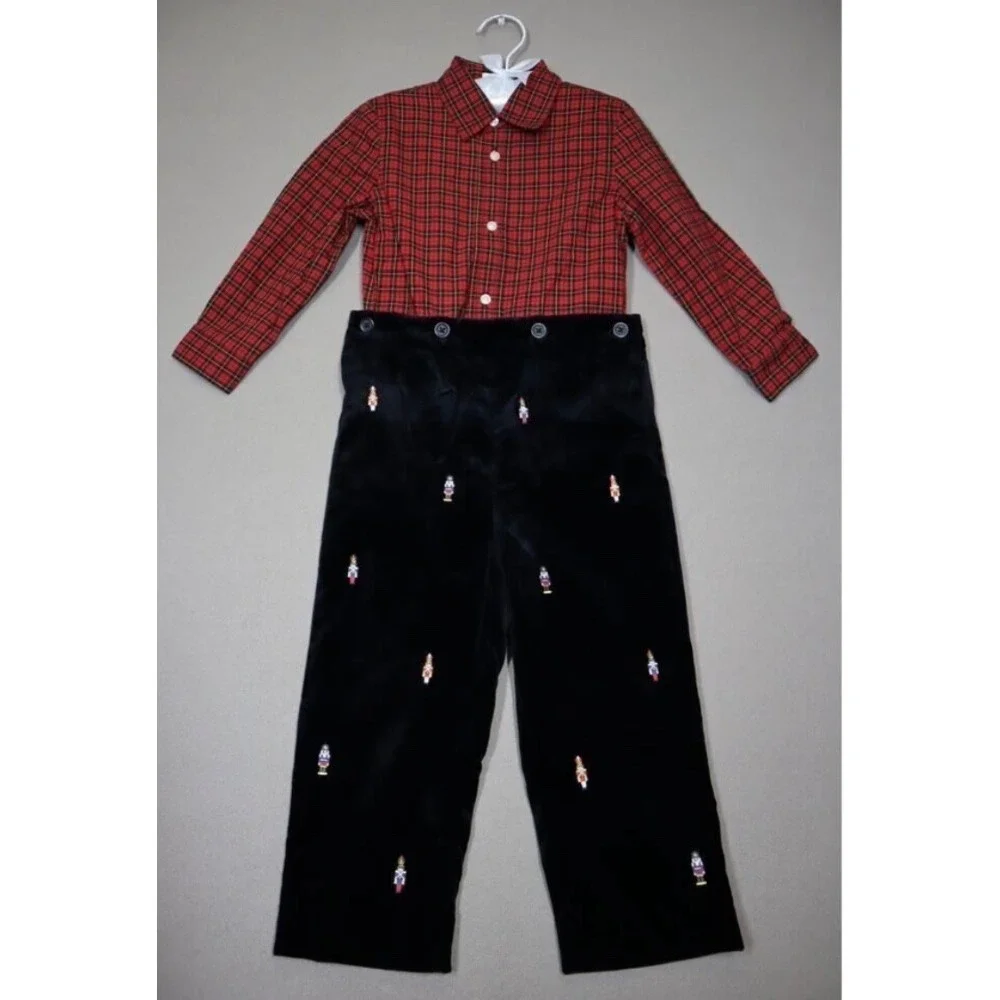 Polo Ralph Lauren Boys Plaid-Print Shirt & Embroidered Velvet Pants Set Size 24M